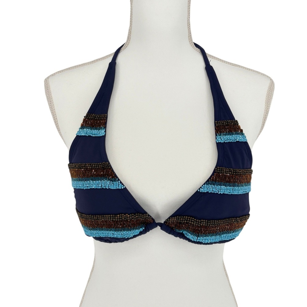 Hermanny by Vix Beaded Bikini Top Size 8 Triangle Navy Blue Striped Halter Swim
